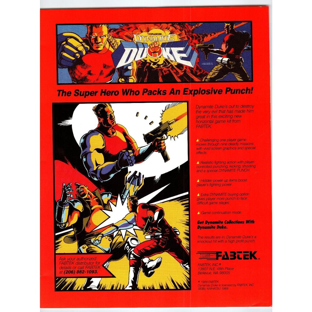 1989 Dynamite Duke Arcade Game Flyer by FABTEK Vintage Promo